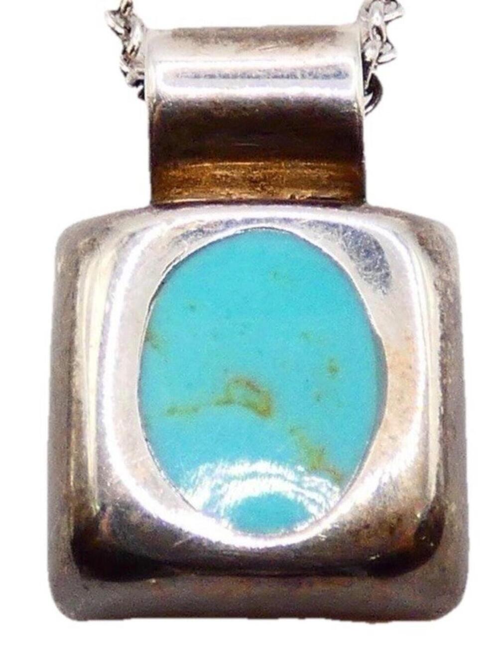 Sterling Silver 925 Square Turquoise Pendant 18” Necklace 9.38g